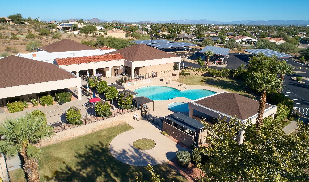 Aerial view of Phoenix Elks Lodge with pool and grounds